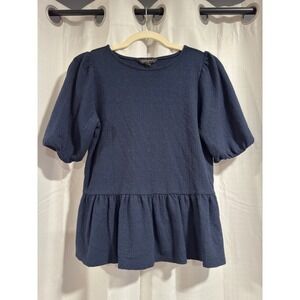 Banana Republic Navy Blue Puff Sleeve Peplum Top Textured Crepe Blouse XS